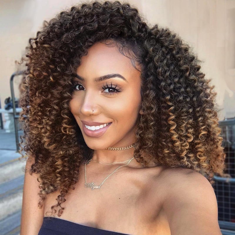 LADY MIRANDA Brown Color Afro kinky Curly Braiding Hair Extensions Jerry Curl Crochet Hair 3X Braid Hair Mixed Dark Brown to Light Brown Short Synthetic Hair Styles (Black&brown) - Image 1